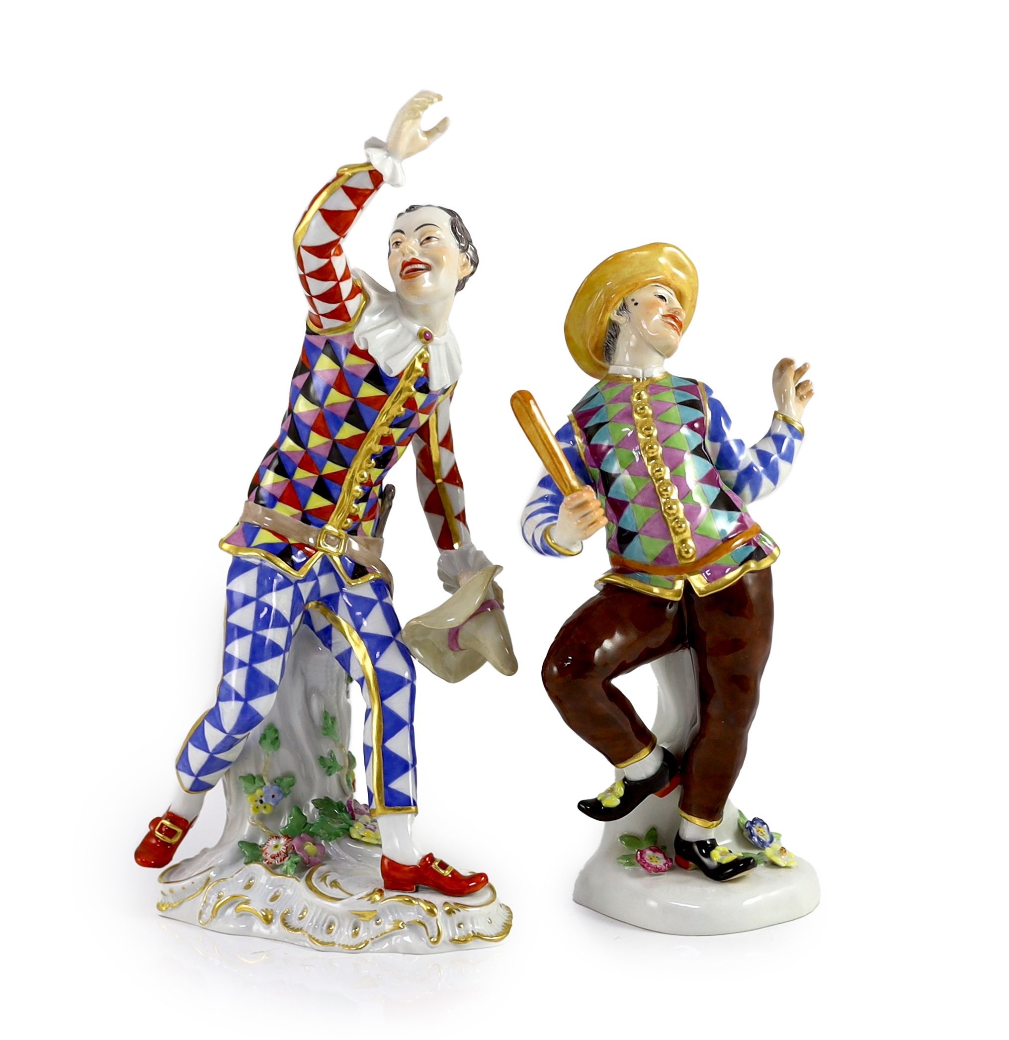 Two Meissen models of Harlequin, 20th century, 22.5 and 19cm high, both with some restoration